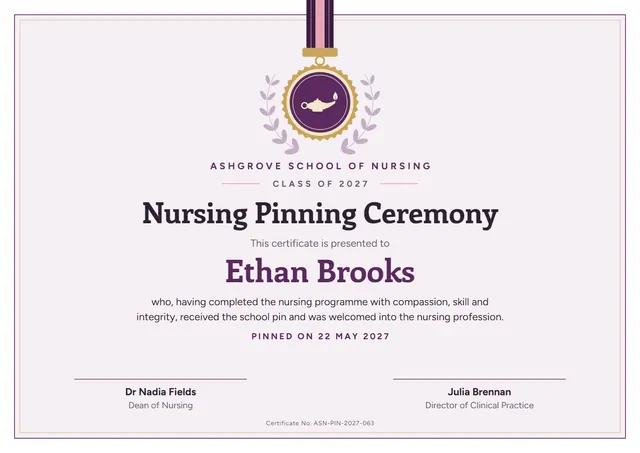 Plum Laurel Nursing Pinning Ceremony Certificate template, A4 landscape, in plum