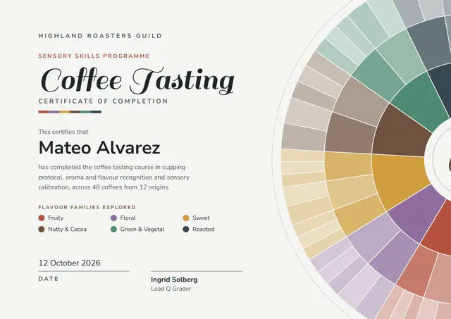 Chocolate Gear Coffee Tasting Course Certificate template, A4 landscape, in chocolate