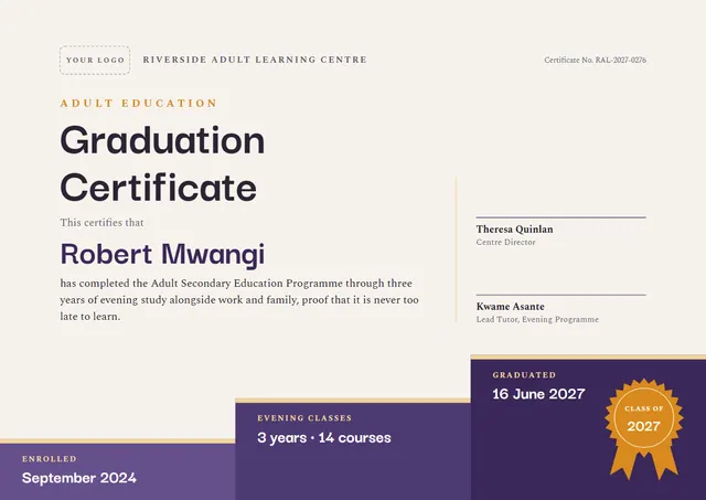 Charcoal Seal Adult Education Graduation Certificate template, A4 landscape, in charcoal grey