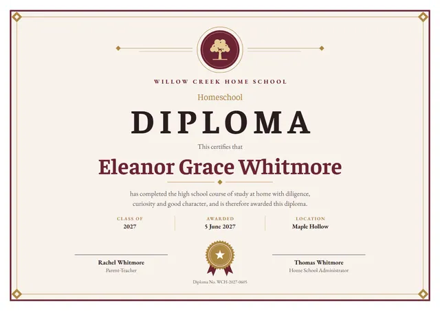 Burgundy Seal Homeschool Diploma template, A4 landscape, in burgundy