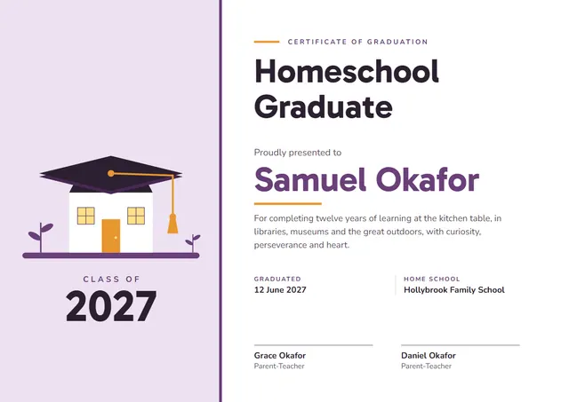 Plum Tassel Homeschool Graduation Certificate template, A4 landscape, in plum
