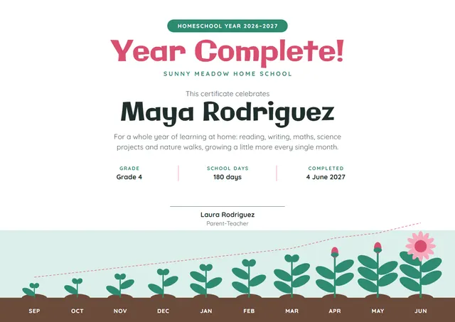 Red Floral Homeschool Year Completion Certificate template, A4 landscape, in red