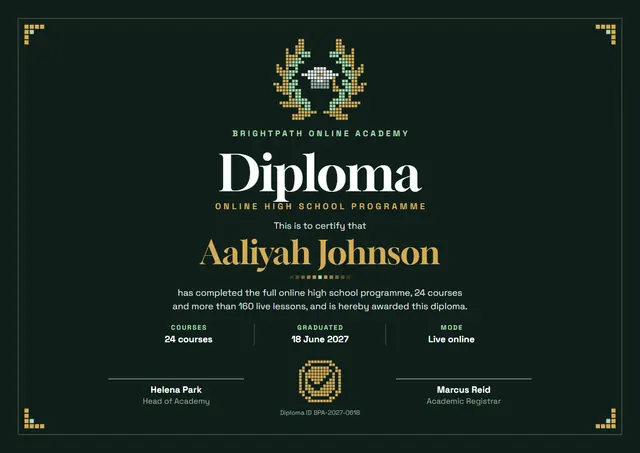 Forest Green Laurel Online Academy Diploma template, A4 landscape, in forest green