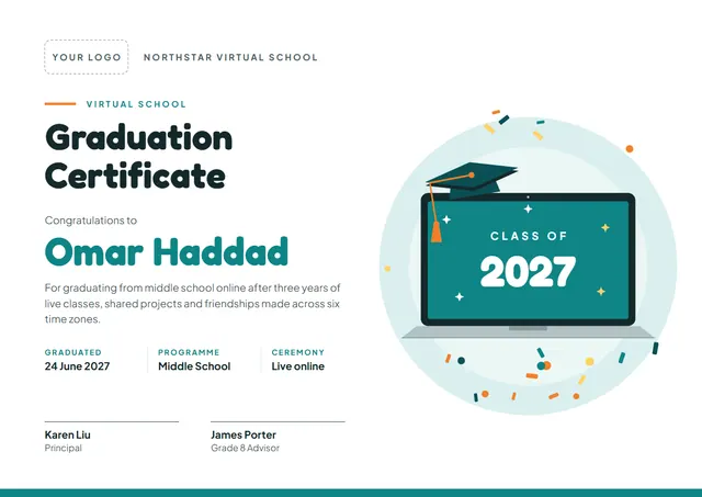 Teal Tassel Virtual School Graduation Certificate template, A4 landscape, in teal