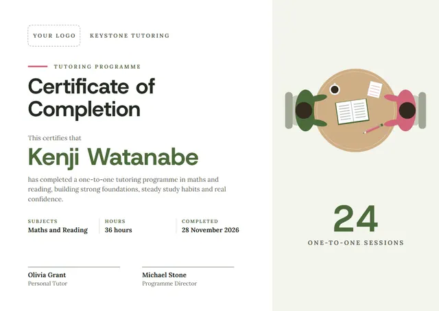Olive Wave Tutoring Programme Completion Certificate template, A4 landscape, in olive