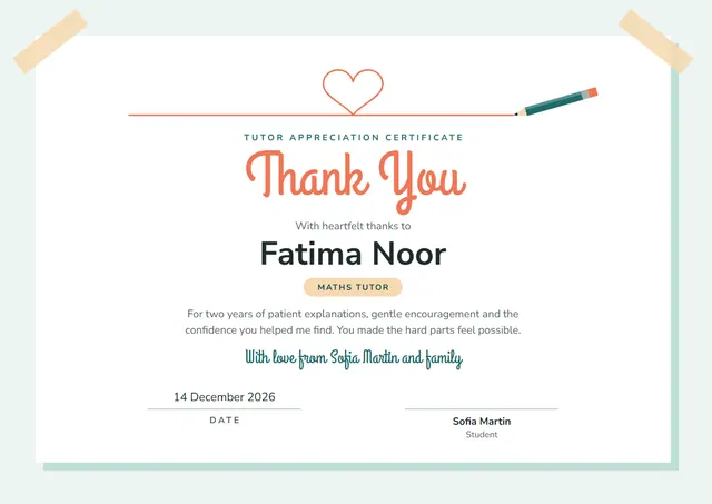 Mint Heart Tutor Appreciation Certificate template, A4 landscape, in mint