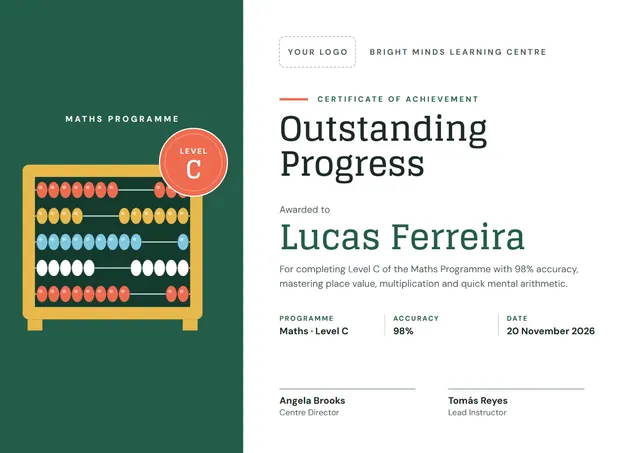 Forest Green Badge Learning Centre Achievement Certificate template, A4 landscape, in forest green