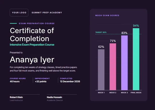 Black Chart Exam Preparation Course Completion Certificate template, A4 landscape, in black