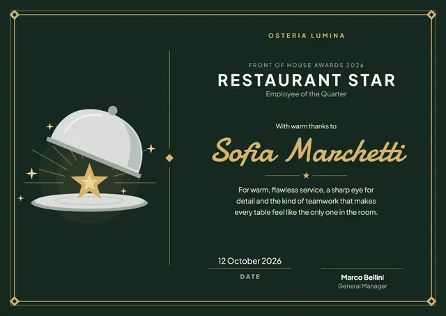 Forest Green Sunburst Restaurant Star Employee Award template, A4 landscape, in forest green