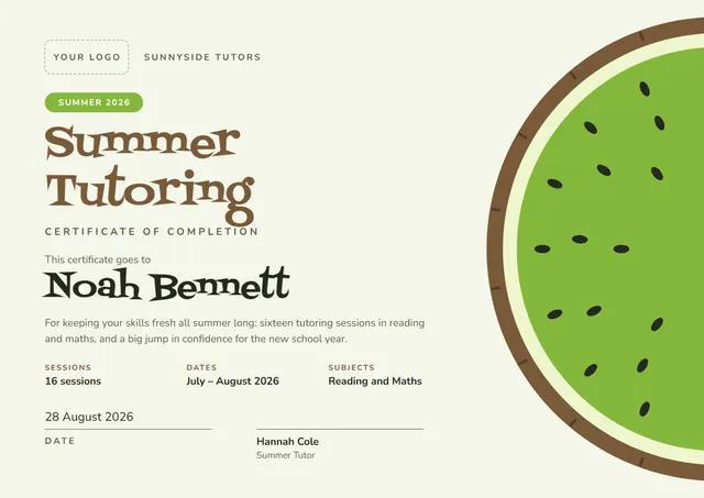 Bronze Banded Summer Tutoring Certificate template, A4 landscape, in bronze