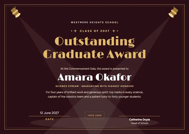 Burgundy Starry Outstanding Graduate Award template, A4 landscape, in burgundy