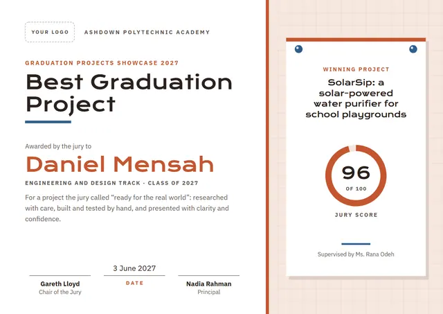 Terracotta Chart Best Graduation Project Award template, A4 landscape, in terracotta