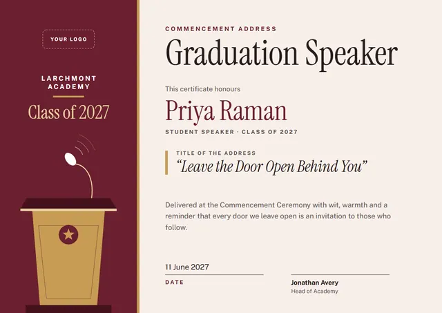 Burgundy Starry Graduation Speaker Certificate template, A4 landscape, in burgundy