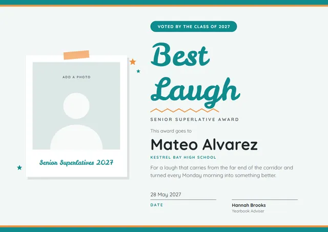 Teal Starry Senior Superlative Award template, A4 landscape, in teal