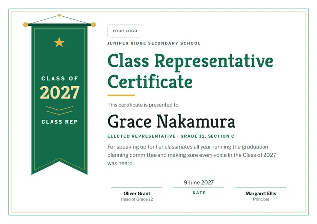 Emerald Starry Class Representative Certificate template, A4 landscape, in emerald