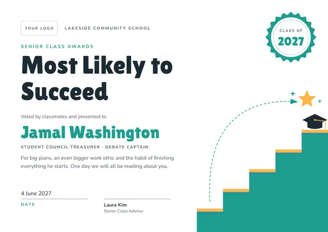 Turquoise Tassel Most Likely to Succeed Award template, A4 landscape, in turquoise