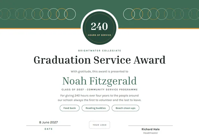 Jade Medal Graduation Service Award template, A4 landscape, in jade