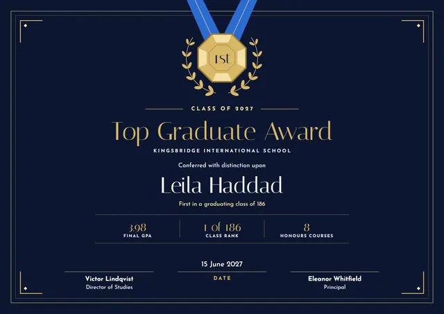 Classic Midnight Laurel Top Graduate Award template, A4 landscape, in midnight blue
