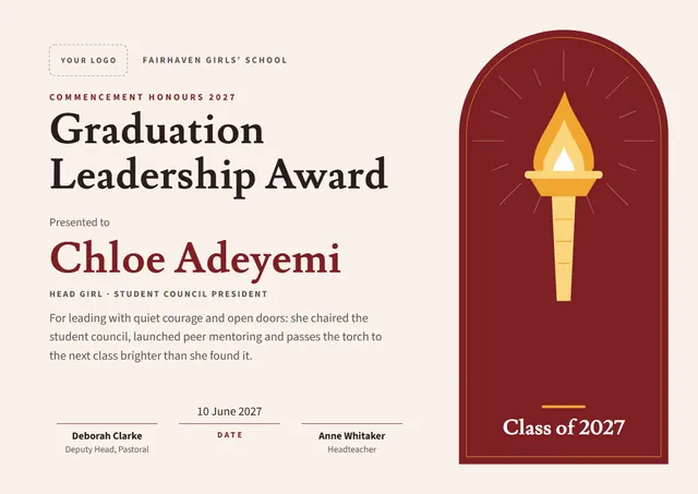 Crimson Sunburst Graduation Leadership Award template, A4 landscape, in crimson