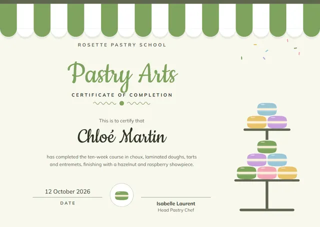 Sage Seal Pastry Course Certificate template, A4 landscape, in sage