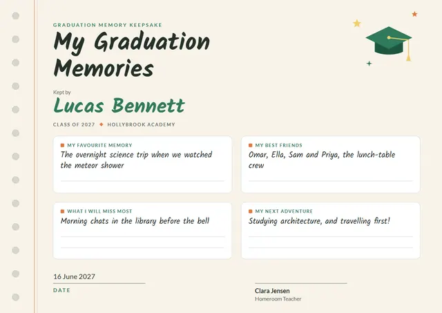Jade Tassel Graduation Memory Keepsake template, A4 landscape, in jade
