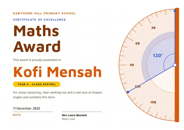 Orange Sunburst Maths Award template, A4 landscape, in orange