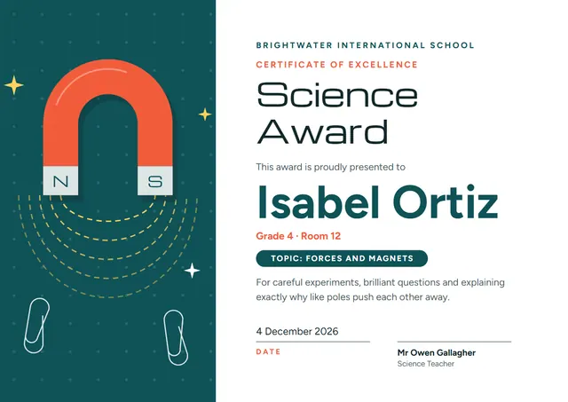 Teal Starry Science Award template, A4 landscape, in teal