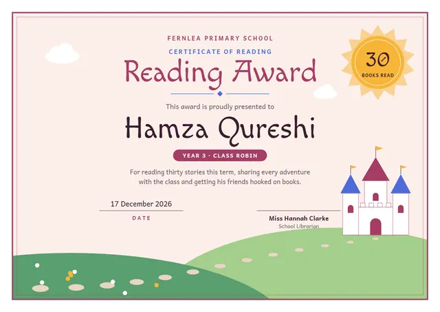 Sage Sunburst Reading Award template, A4 landscape, in sage