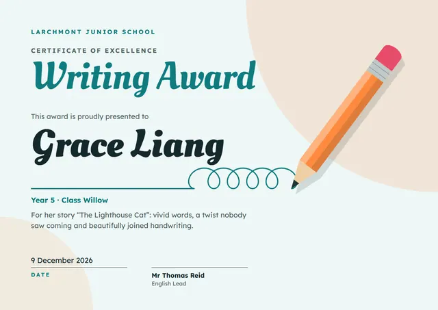 Orange Ornate Writing Award template, A4 landscape, in orange