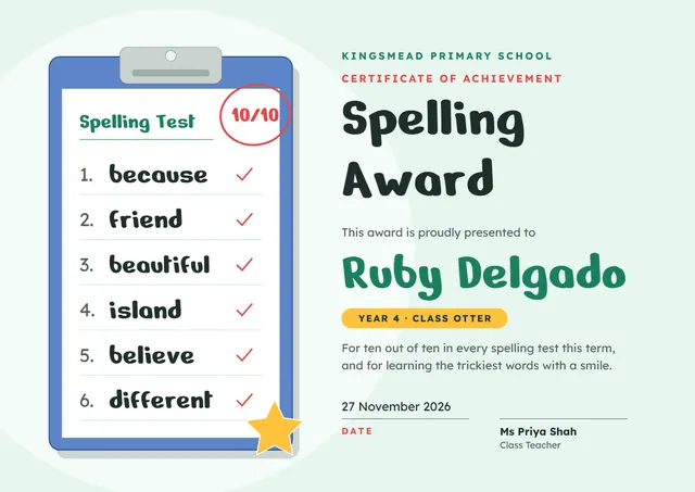 Steel Blue Starry Spelling Award template, A4 landscape, in steel blue