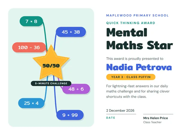 Royal Blue Starry Mental Maths Star Award template, A4 landscape, in royal blue