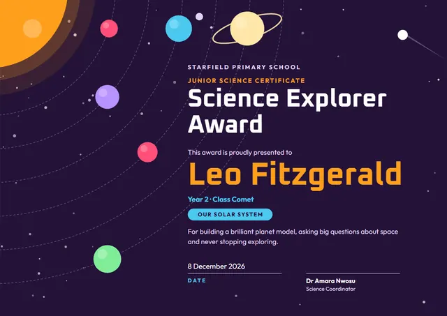 Amber Orbit Science Explorer Award template, A4 landscape, in amber