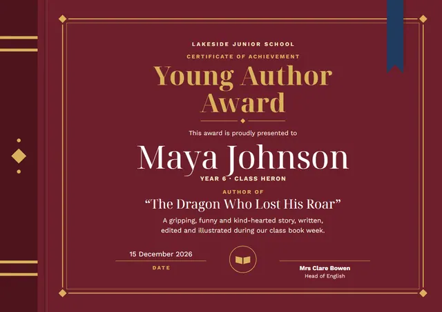 Burgundy Ribbon Young Author Award template, A4 landscape, in burgundy