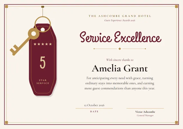 Burgundy Starry Hotel Service Excellence Award template, A4 landscape, in burgundy