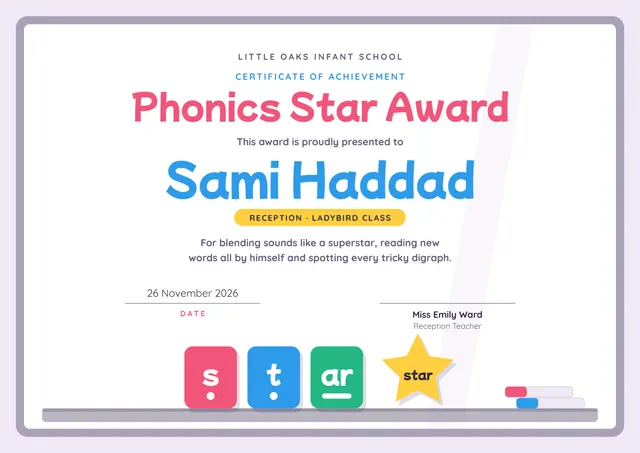 Sky Blue Sunburst Phonics Star Award template, A4 landscape, in sky blue