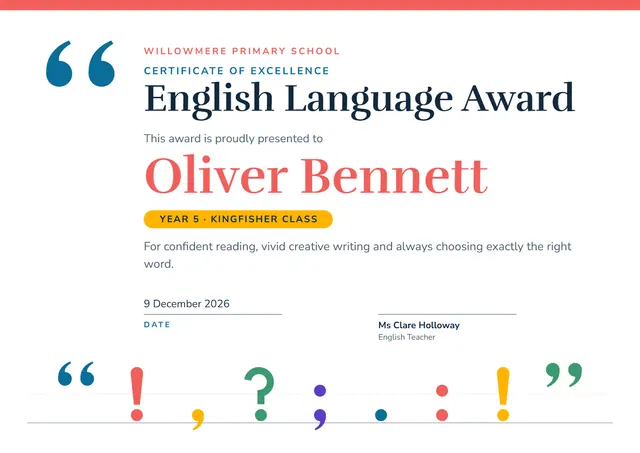 Coral Modern English Language Award template, A4 landscape, in coral