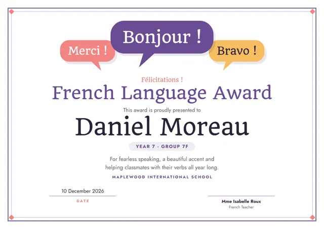 Purple Confetti French Language Award template, A4 landscape, in purple