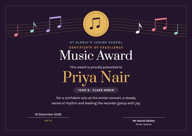 Black Medal Music Award template, A4 landscape, in black
