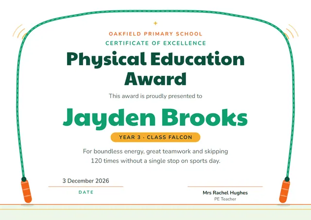 Jade Starry Physical Education Award template, A4 landscape, in jade