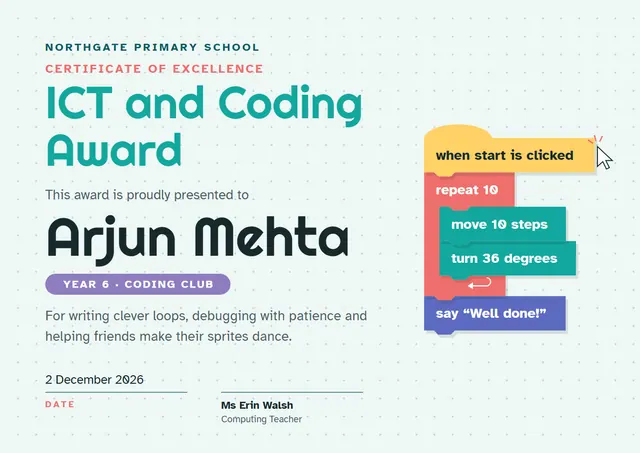 Turquoise Starry ICT and Coding Award template, A4 landscape, in turquoise