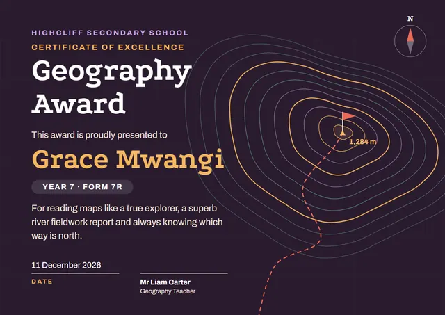 Black Globe Geography Award template, A4 landscape, in black