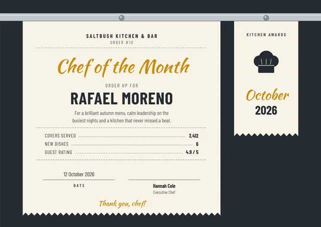 Mustard Ticket Chef of the Month Award template, A4 landscape, in mustard