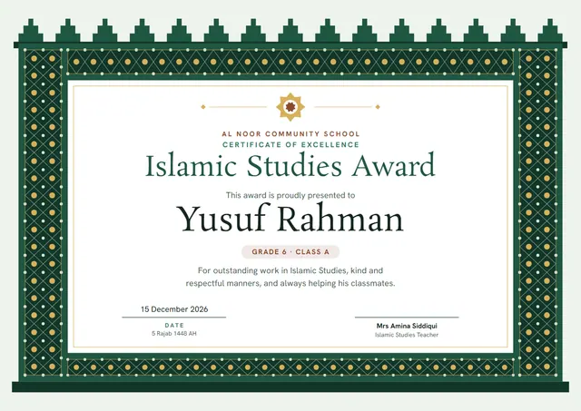 Forest Green Starry Islamic Studies Award template, A4 landscape, in forest green
