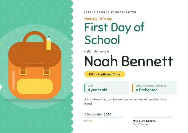 Mint Starry First Day of School Certificate template, A4 landscape, in mint