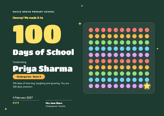 Forest Green Starry 100 Days of School Certificate template, A4 landscape, in forest green