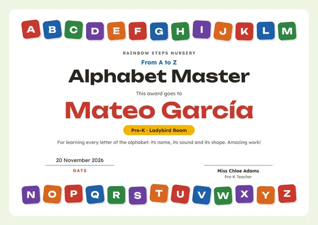 Terracotta Badge Alphabet Master Award template, A4 landscape, in terracotta