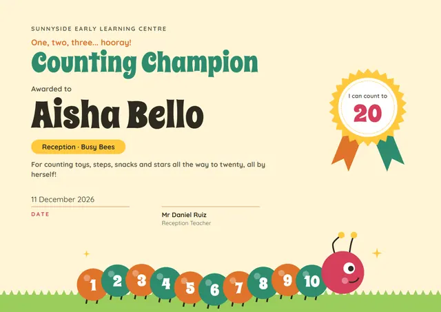Jade Rosette Counting Champion Award template, A4 landscape, in jade