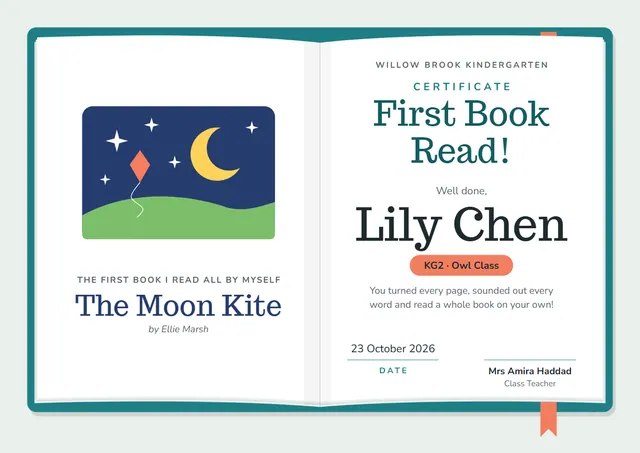 Ocean Blue Ribbon First Book Read Certificate template, A4 landscape, in ocean blue