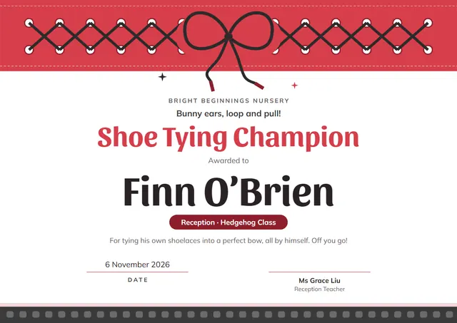 Red Starry Shoe Tying Champion Award template, A4 landscape, in red