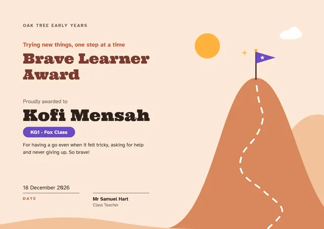 Orange Sunburst Brave Learner Award template, A4 landscape, in orange